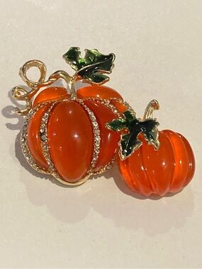 Gold-Tone Orange Pumpkin Brooch with Green Enamel Leaves
